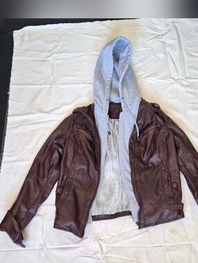 Moto Brown Faux Leather Jacket with Removeable Gray Hood And Faux Fur Lining